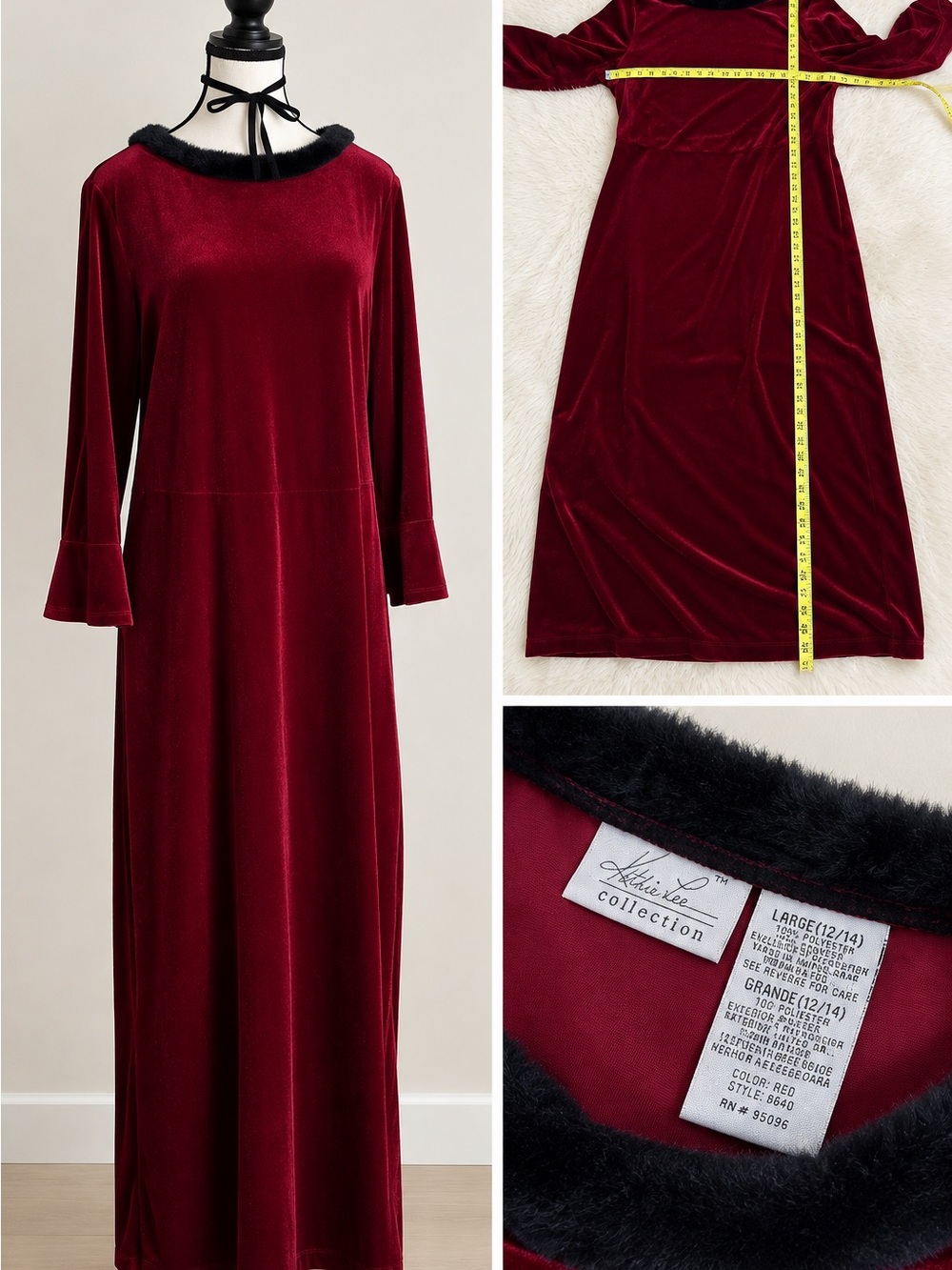 Velvet Long-Sleeve Maxi Dress in Deep Red with Faux-Fur Trim